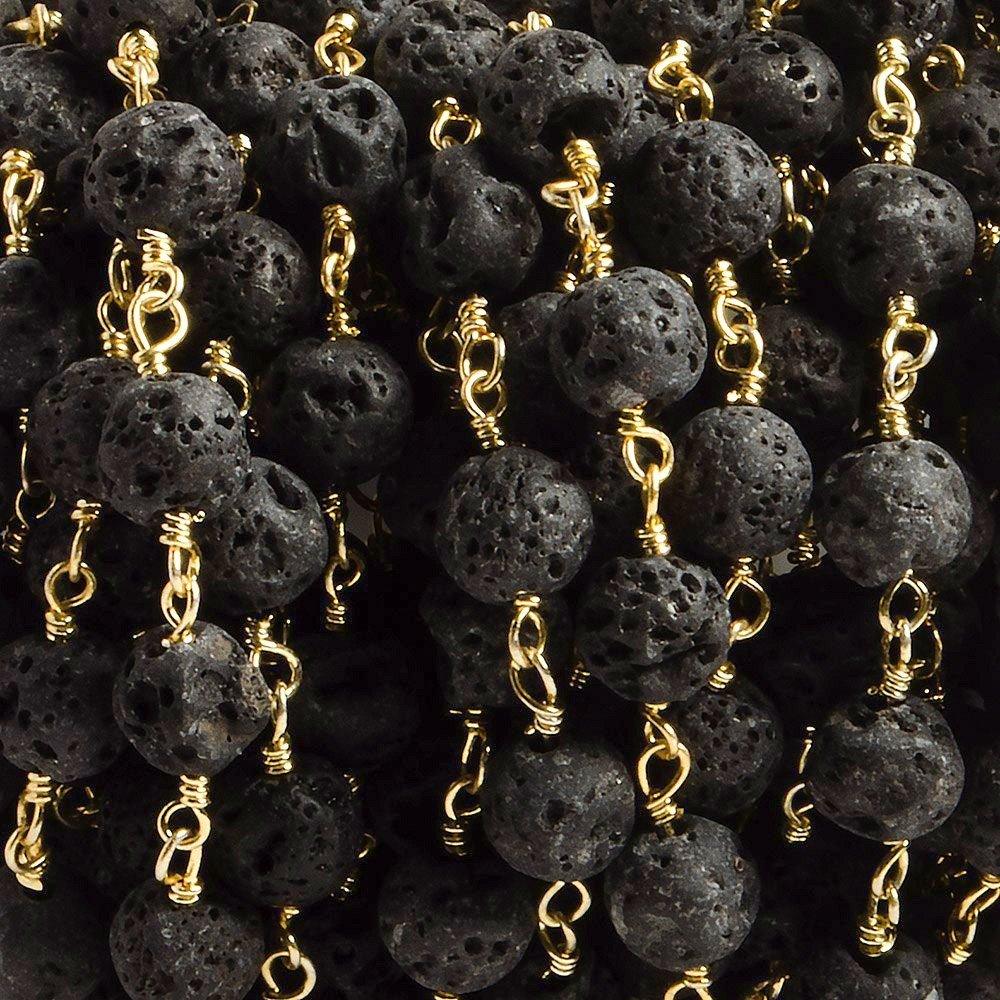 6mm Black Lava Rock unwaxed plain round Gold plated Chain by the foot with 25 pieces - The Bead Traders