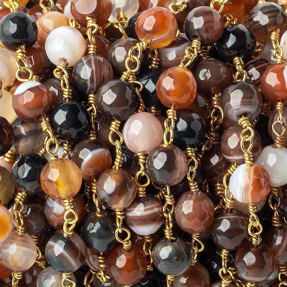 6mm Brown, Cream, & Orange banded Agate faceted round Gold Chain by the foot 24 pieces - The Bead Traders