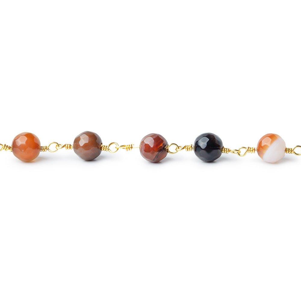 6mm Brown, Cream, & Orange banded Agate faceted round Gold Chain by the foot 24 pieces - The Bead Traders