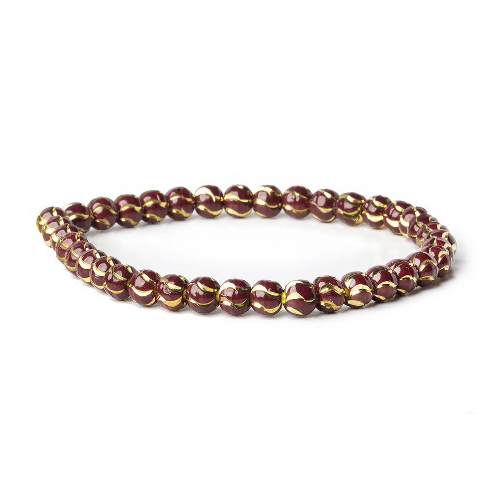 6mm Burgundy Enamel Brass Oval Diamond Cut Swirl Beads, 8 inch - The Bead Traders