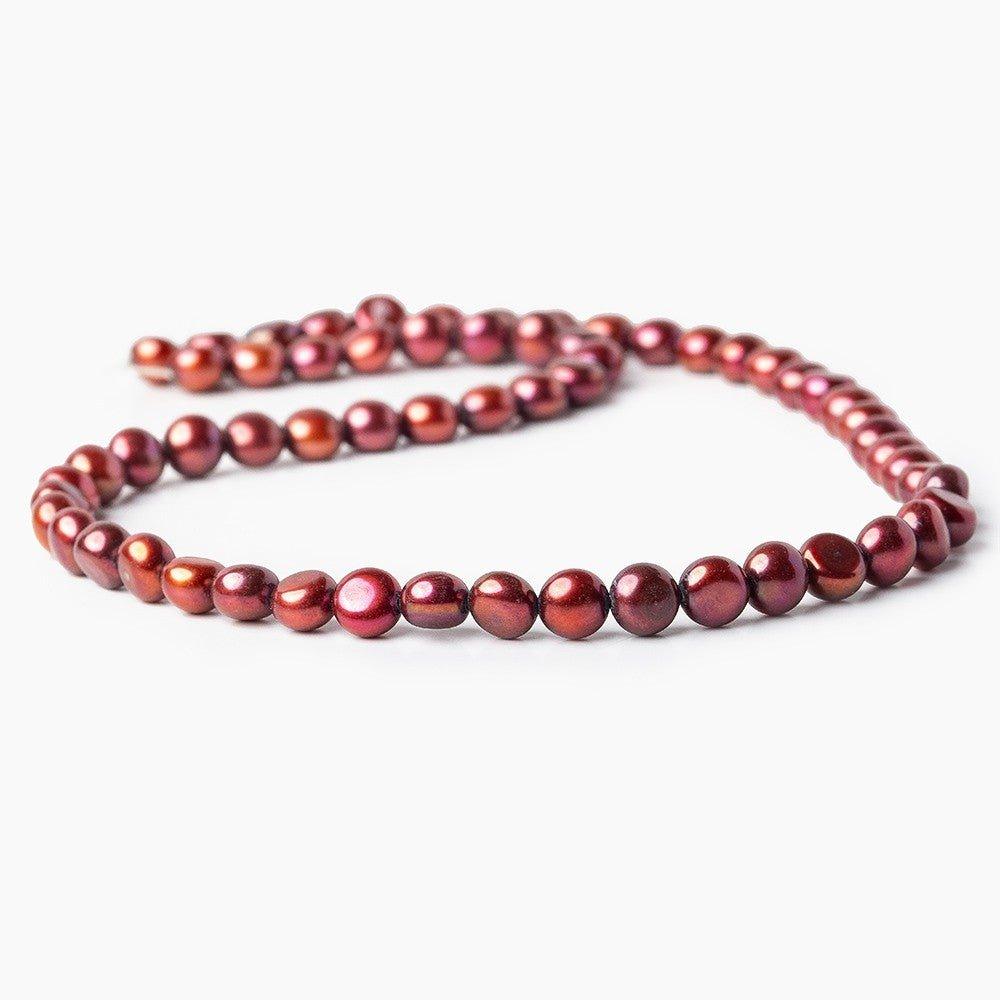 6mm Burgundy Side Drilled Button Freshwater Pearl, A Grade 16 inch 60 pieces - The Bead Traders