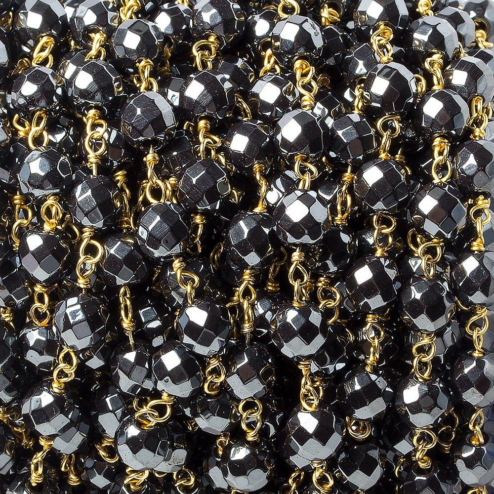 6mm Hematite faceted round Gold Chain by the foot 27 pieces - The Bead Traders