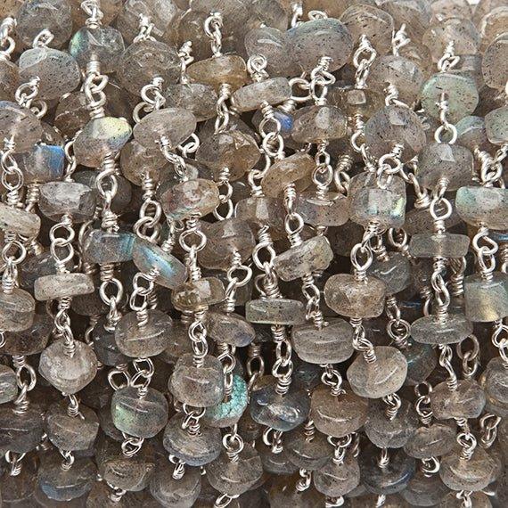 6mm Labradorite Heishi Silver Plated Wire Wrapped Rosary Chain by the foot - The Bead Traders