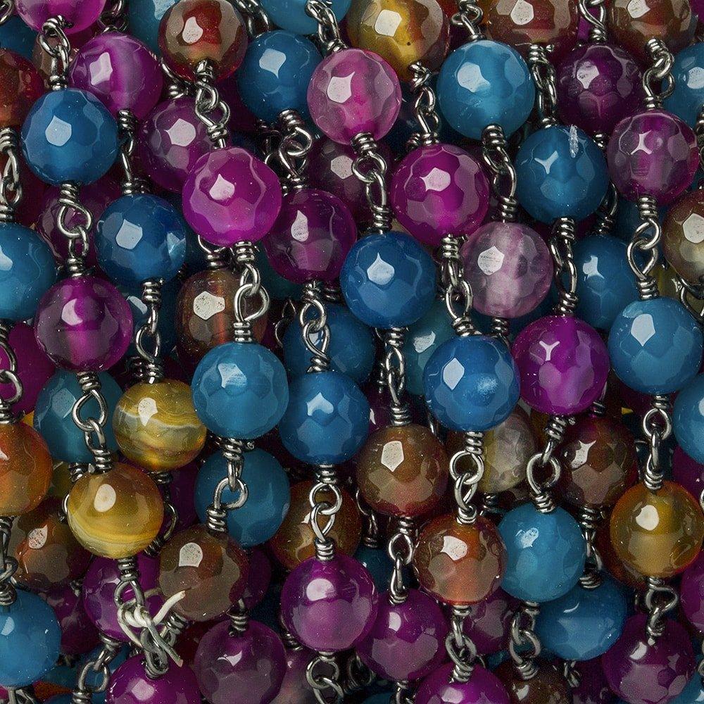 6mm Multi Color Agate faceted round Black Gold Chain by the foot 26 beads - The Bead Traders