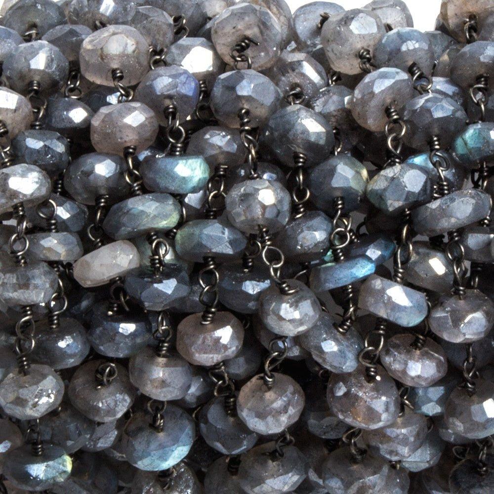 6mm Mystic Labradorite faceted rondelle Black Chain by the foot 35 pcs - The Bead Traders