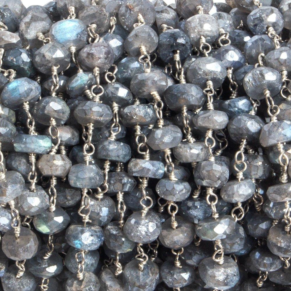 6mm Mystic Labradorite faceted rondelle Silver Chain by the foot 35 pcs - The Bead Traders
