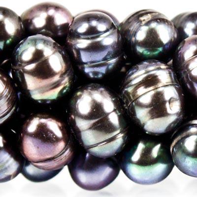 6mm Peacock Side Drilled Ringed Potato Pearls, 16 inch - The Bead Traders