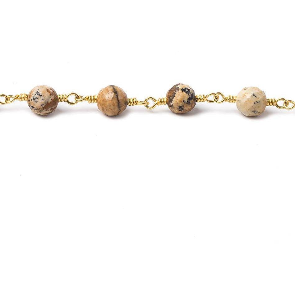 6mm Picture Jasper faceted round Gold Chain by the foot 23 pieces - The Bead Traders