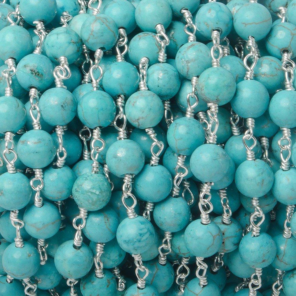 6mm Turquoise Howlite plain round Silver plated Chain by the foot 26 pieces - The Bead Traders