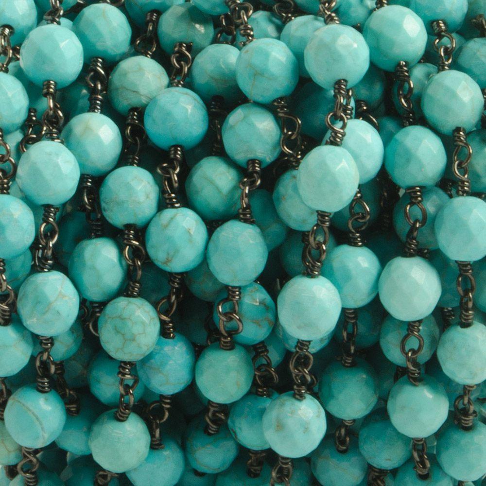 6mm Turquoise Magnesite faceted round Black Gold plated Chain by the foot with 25 pcs - The Bead Traders