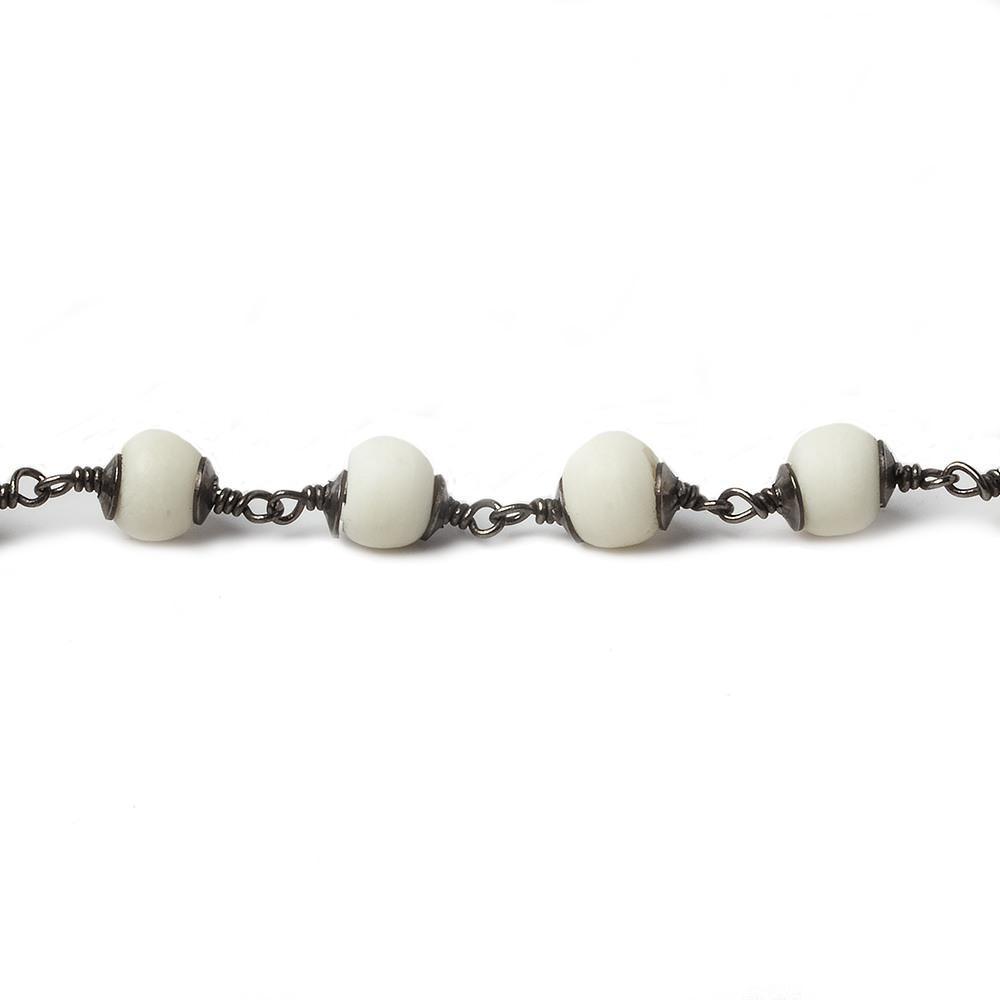 6mm White Ox Bone rounds Black Gold plated Cap and Chain by the foot 21 pcs - The Bead Traders