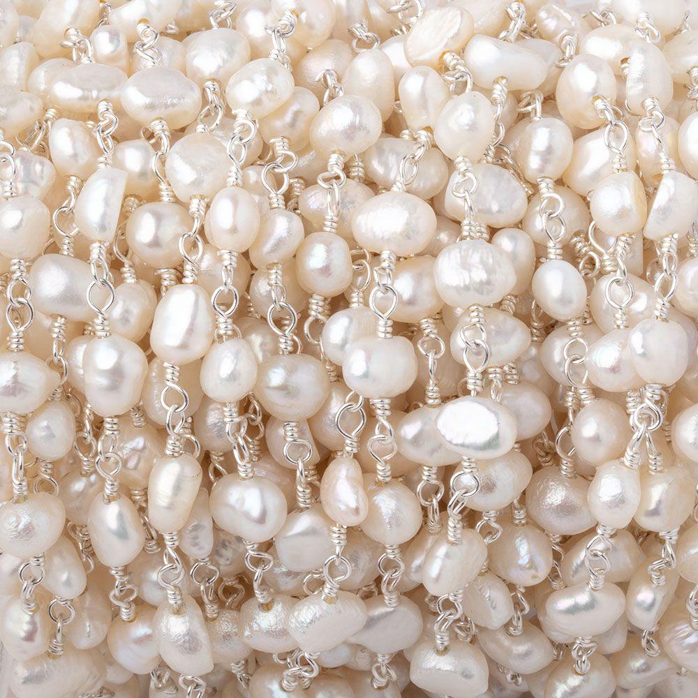 6x5mm White Baroque Pearl Silver Chain - The Bead Traders