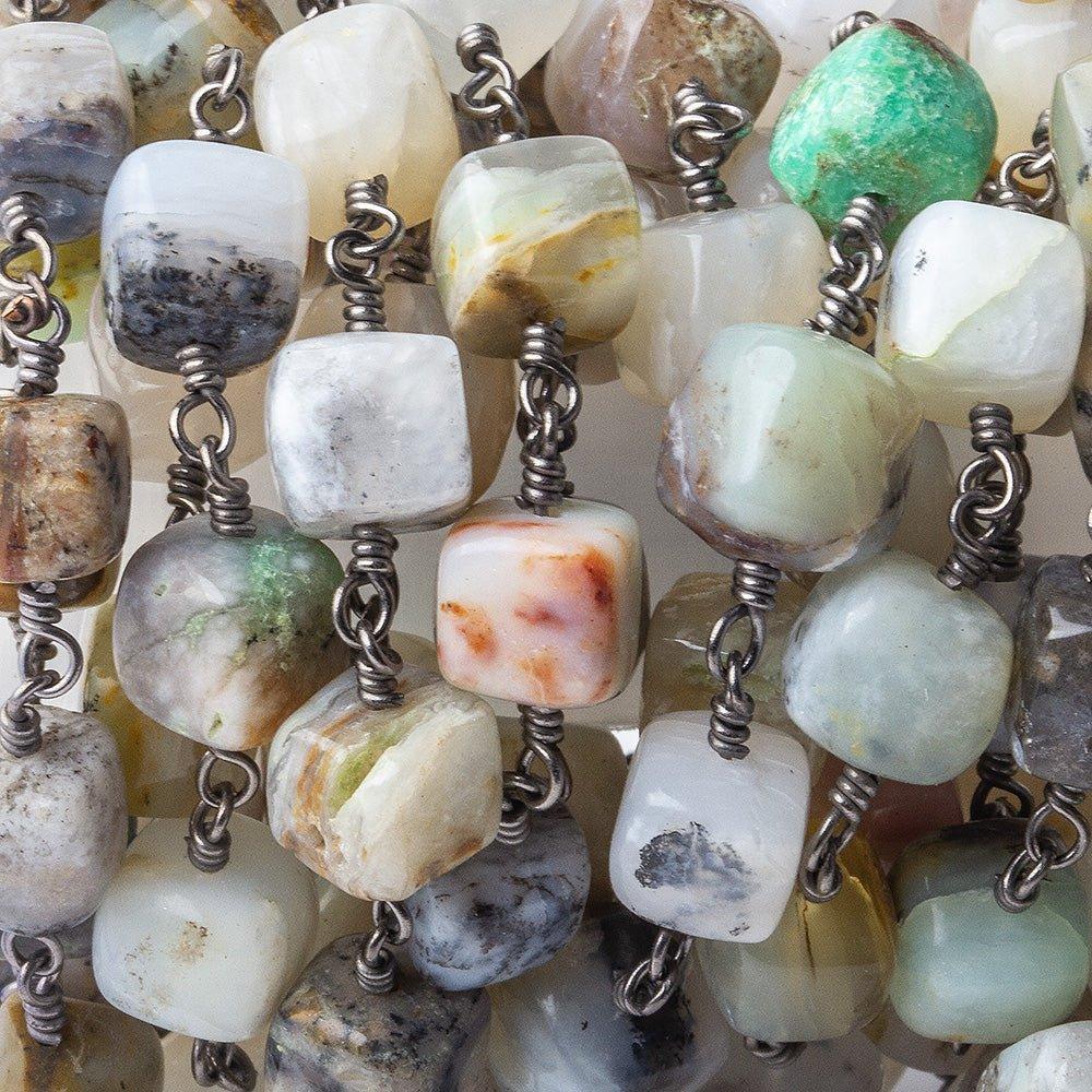 6x6-9x9mm Peruvian Opal, Dendritic Opal, & Chrysoprase plain cube Black Gold plated Chain by the foot 22 pieces - The Bead Traders