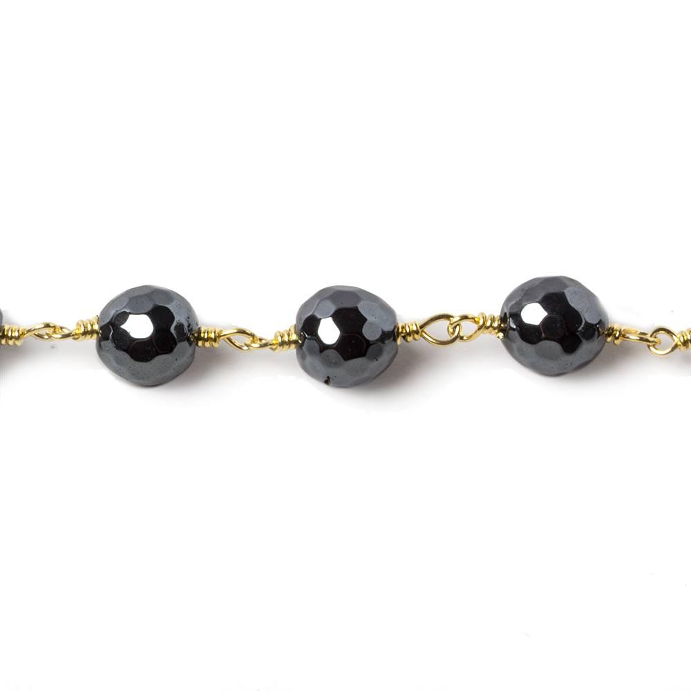 7.8mm Hematite faceted round Gold plated chain by the foot 21 pieces - The Bead Traders
