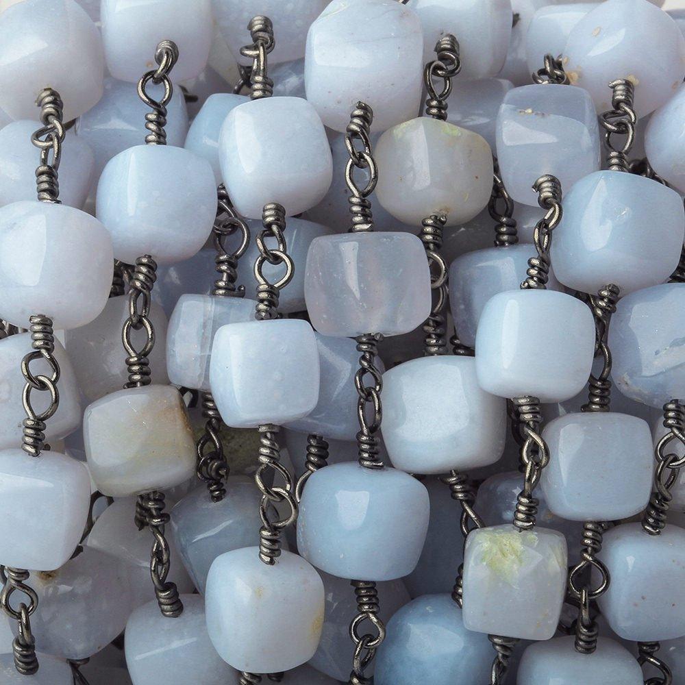 7mm-8.5mm Turkish Blue Chalcedony Plain Cube Black Gold plated Chain by the foot - The Bead Traders