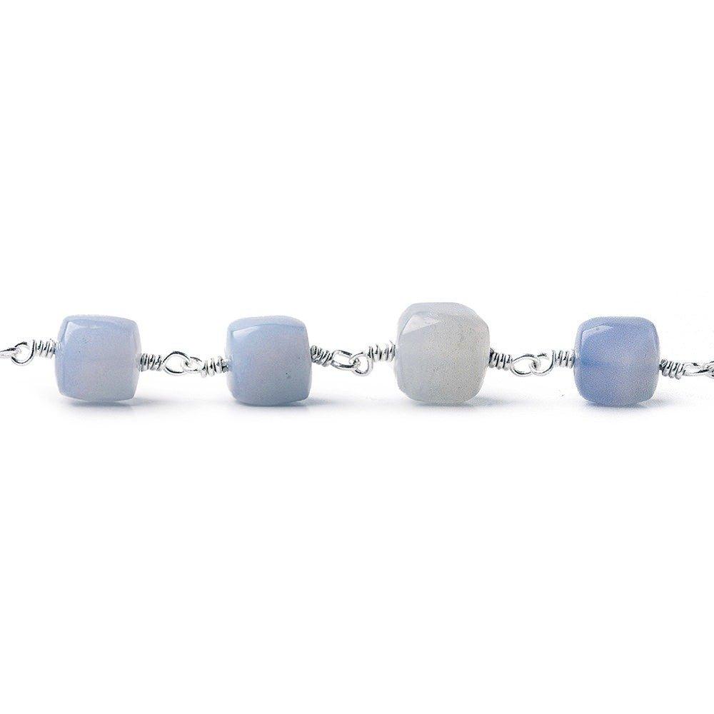 7mm-8.5mm Turkish Blue Chalcedony Plain Cube Silver plated Chain by the foot - The Bead Traders