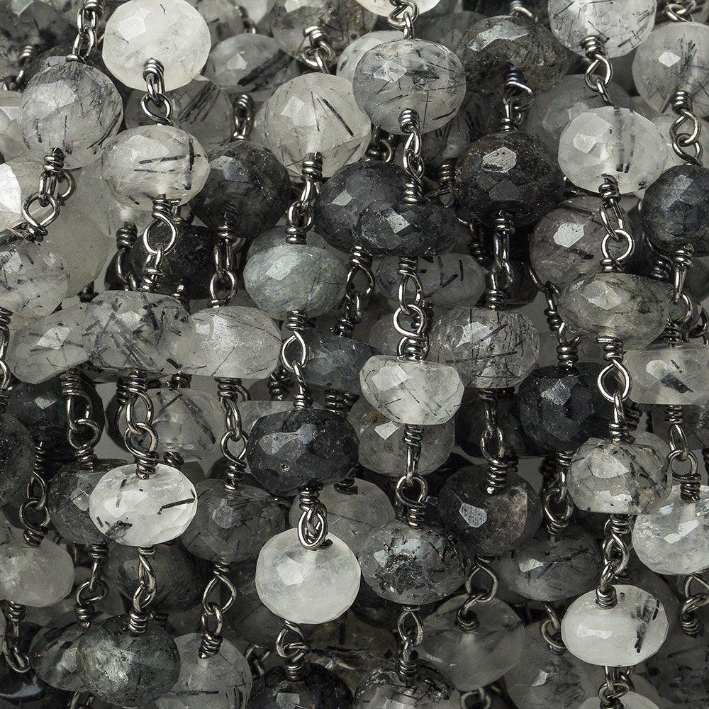7mm Black Tourmalinated Quartz faceted rondelle Black Gold Chain by the foot 29 pieces - The Bead Traders