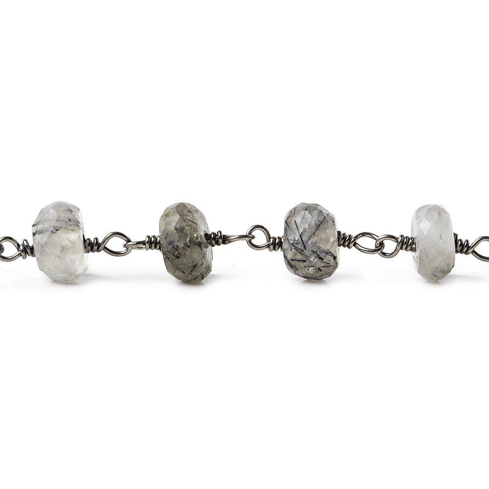 7mm Black Tourmalinated Quartz faceted rondelle Black Gold Chain by the foot 29 pieces - The Bead Traders