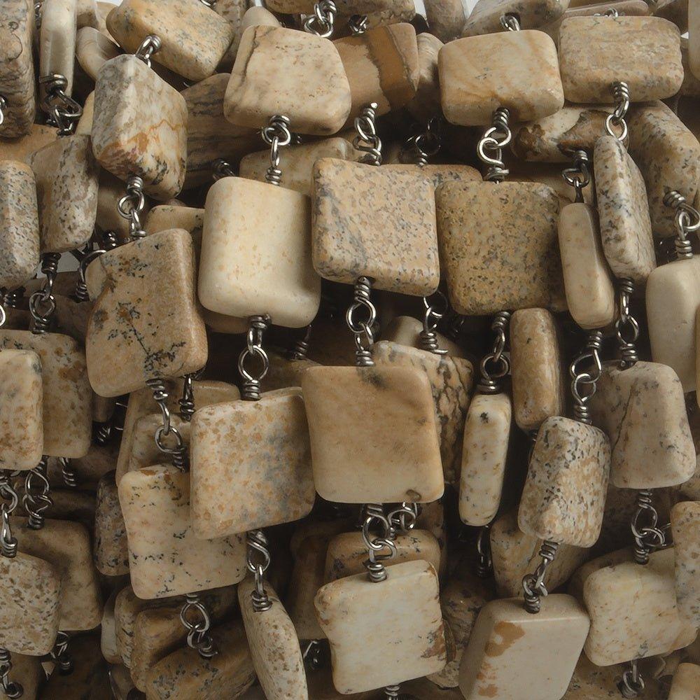 7mm Picture Jasper Plain Square Black Gold plated Chain by the foot 21 beads - The Bead Traders