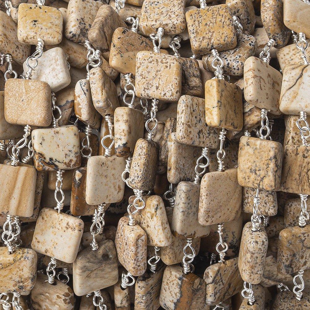 7mm Picture Jasper Plain Square Silver plated Chain by the foot 21 beads - The Bead Traders
