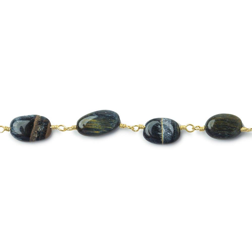 7x6-11x7mm Black Tiger's Eye plain oval nugget Gold Chain by the foot 19 pieces - The Bead Traders