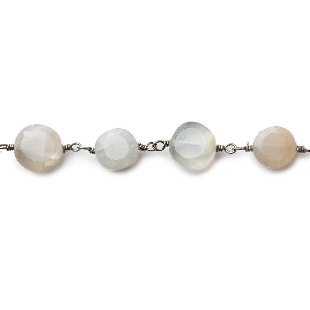 8-9mm Multi Color Moonstone faceted coin Black Gold plated Chain by the foot 21 pieces - The Bead Traders