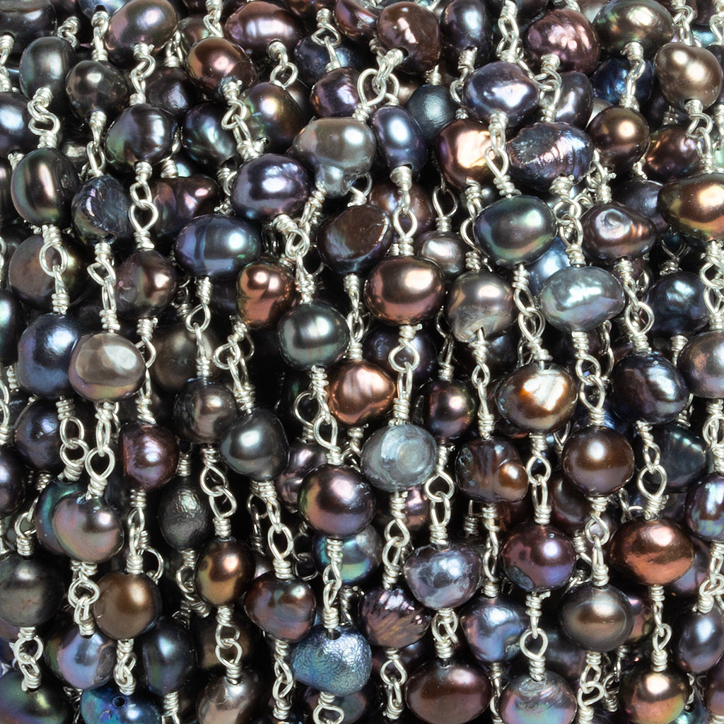 8.5x6mm Peacock Baroque Freshwater Pearls Silver Chain - The Bead Traders