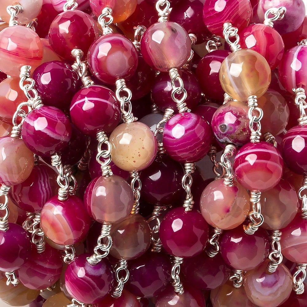 8mm Berry Banded Agate Faceted Rounds Silver plated Chain by the foot 21 pcs - The Bead Traders