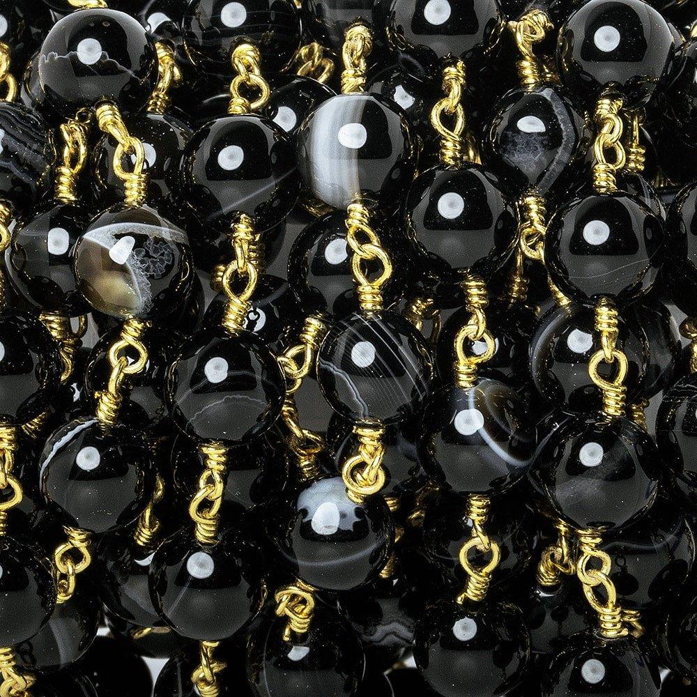 8mm Black Banded Agate plain round Gold Chain by the foot 21 beads - The Bead Traders