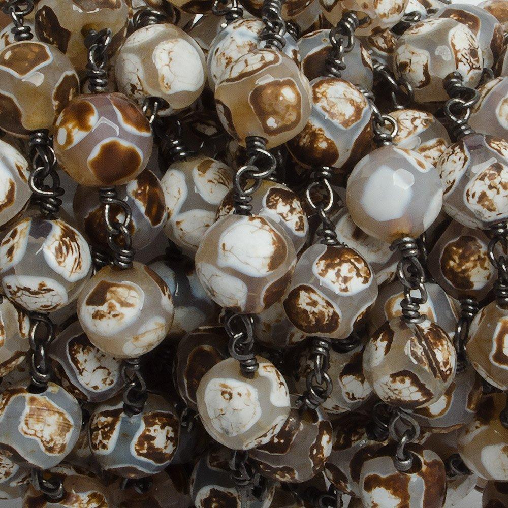 8mm Brown Honeycomb Tibetan Agate round Black Gold Chain by the foot with 21 pcs - The Bead Traders