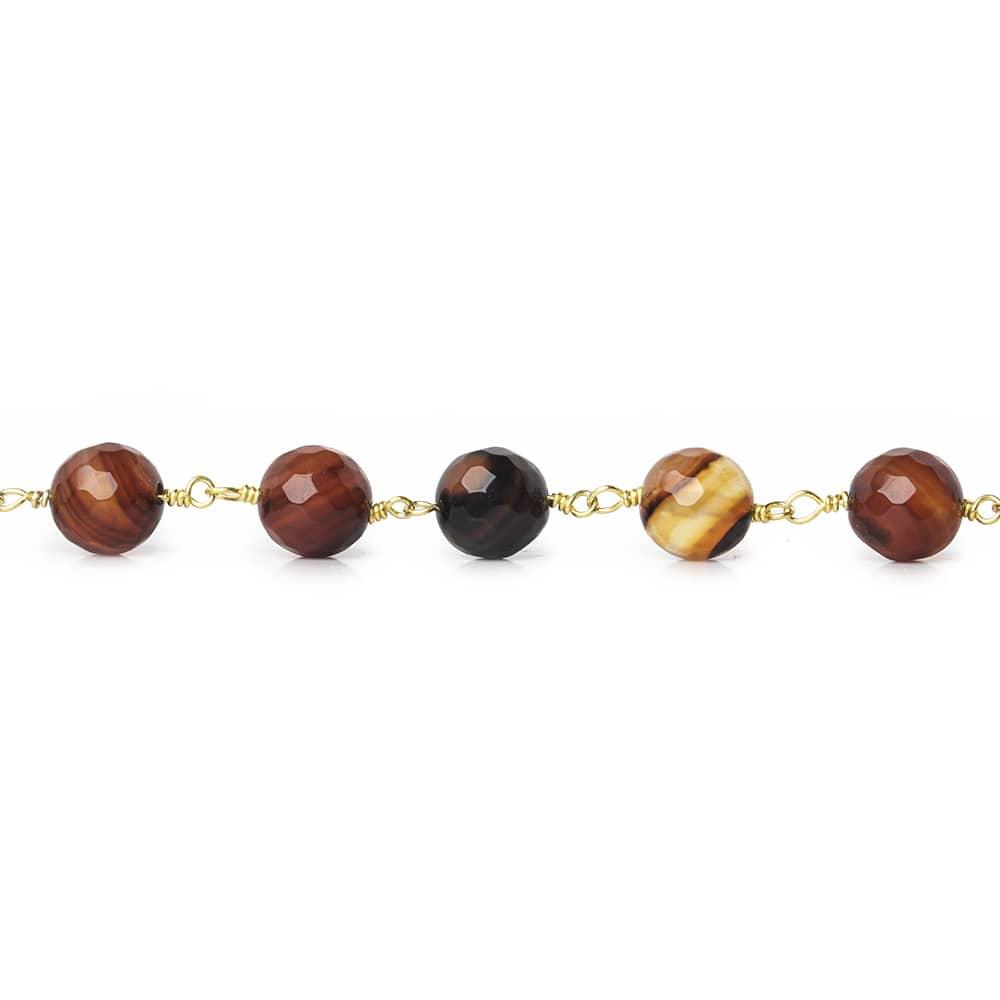 8mm Burnt Orange Banded Agate faceted round Gold Chain by the foot 21 beads - The Bead Traders