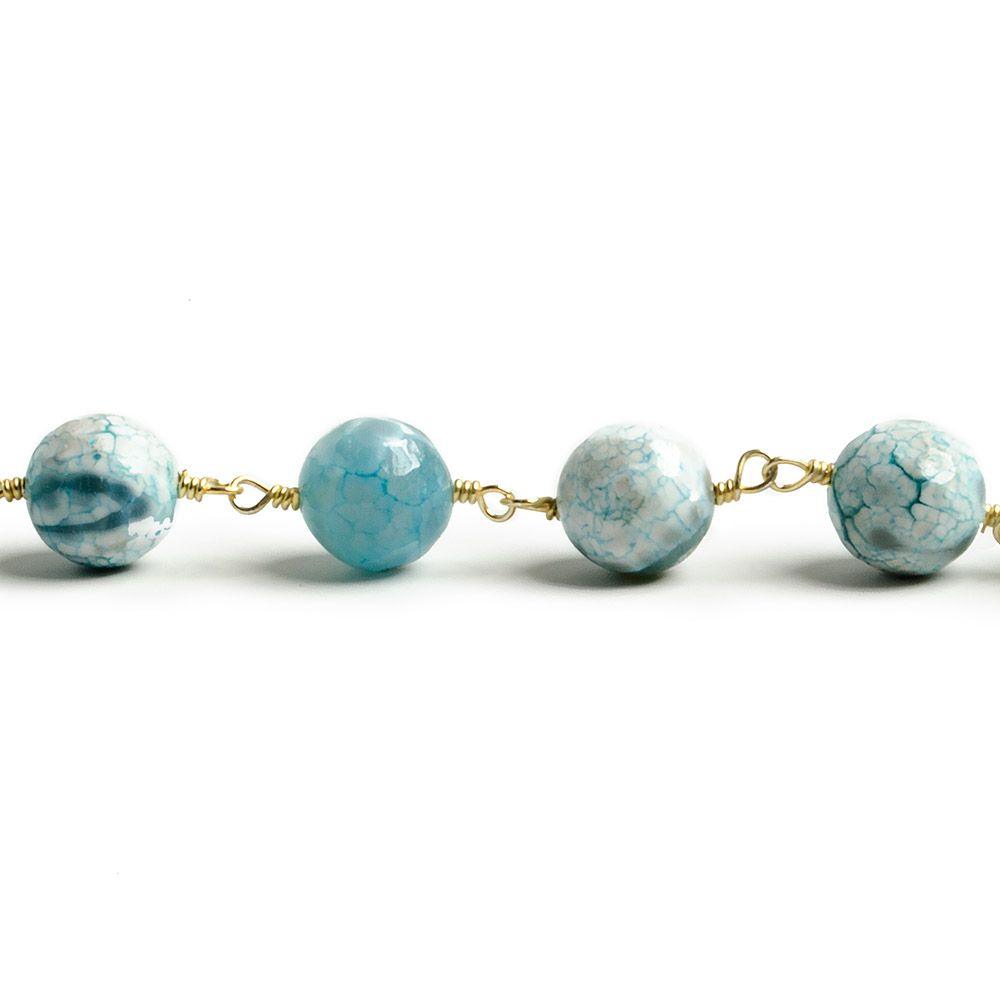 8mm Crackled Aqua Blue Agate round Gold Chain by the foot with 21 pcs - The Bead Traders