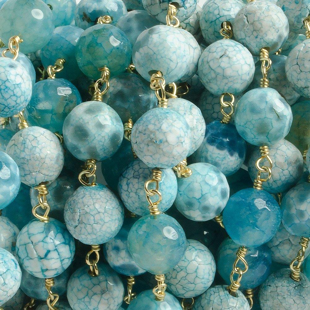8mm Crackled Aqua Blue Agate round Gold Chain by the foot with 21 pcs - The Bead Traders