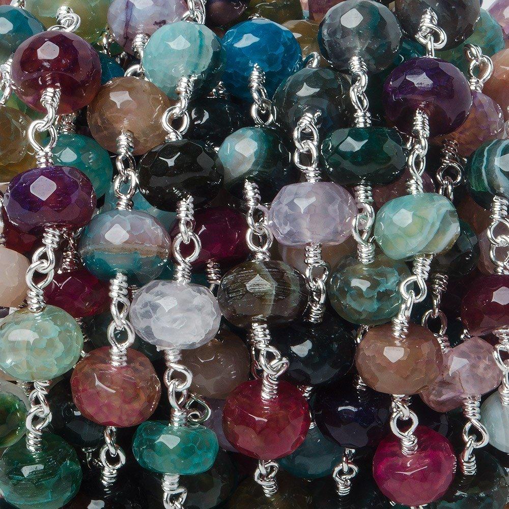 8mm Festive Crackled Agate faceted rondelle Silver plated Chain by the foot 24 pieces - The Bead Traders