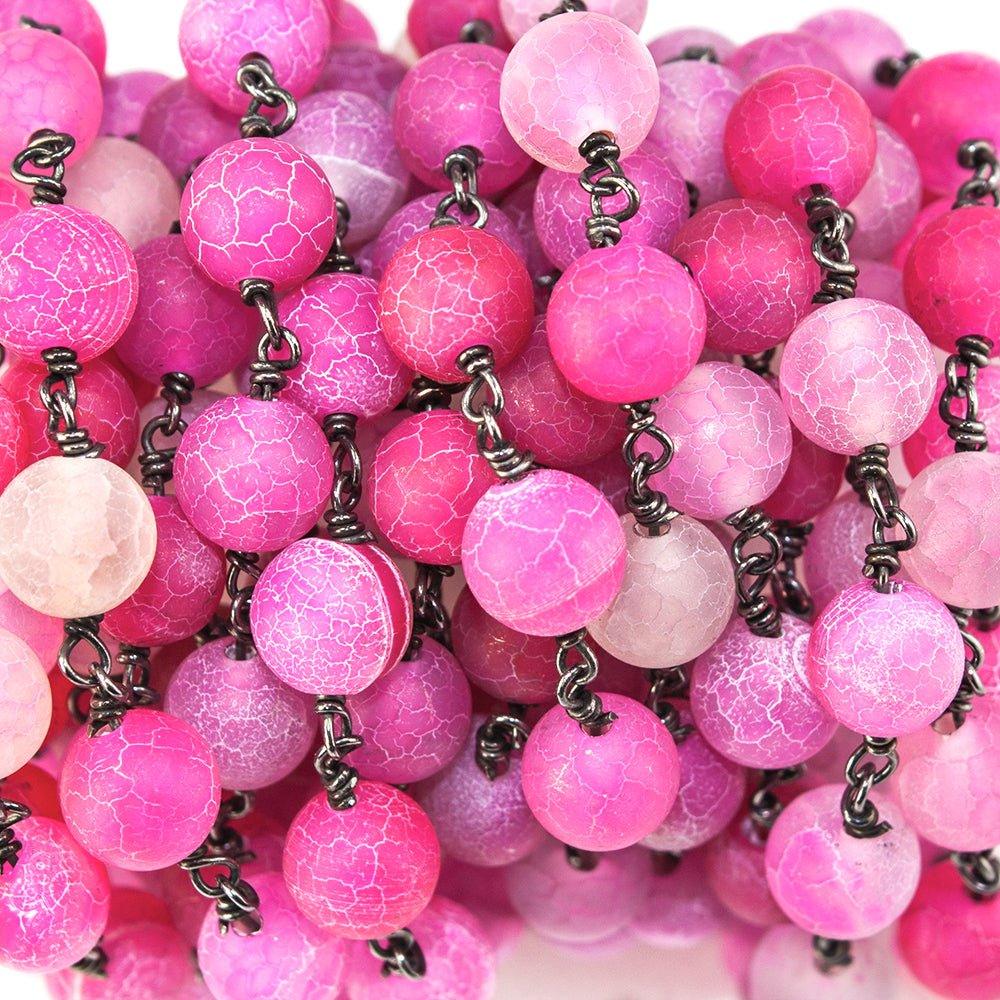 8mm Hot Pink Chalcedony plarin round Black Gold Chain sold by the foot - The Bead Traders