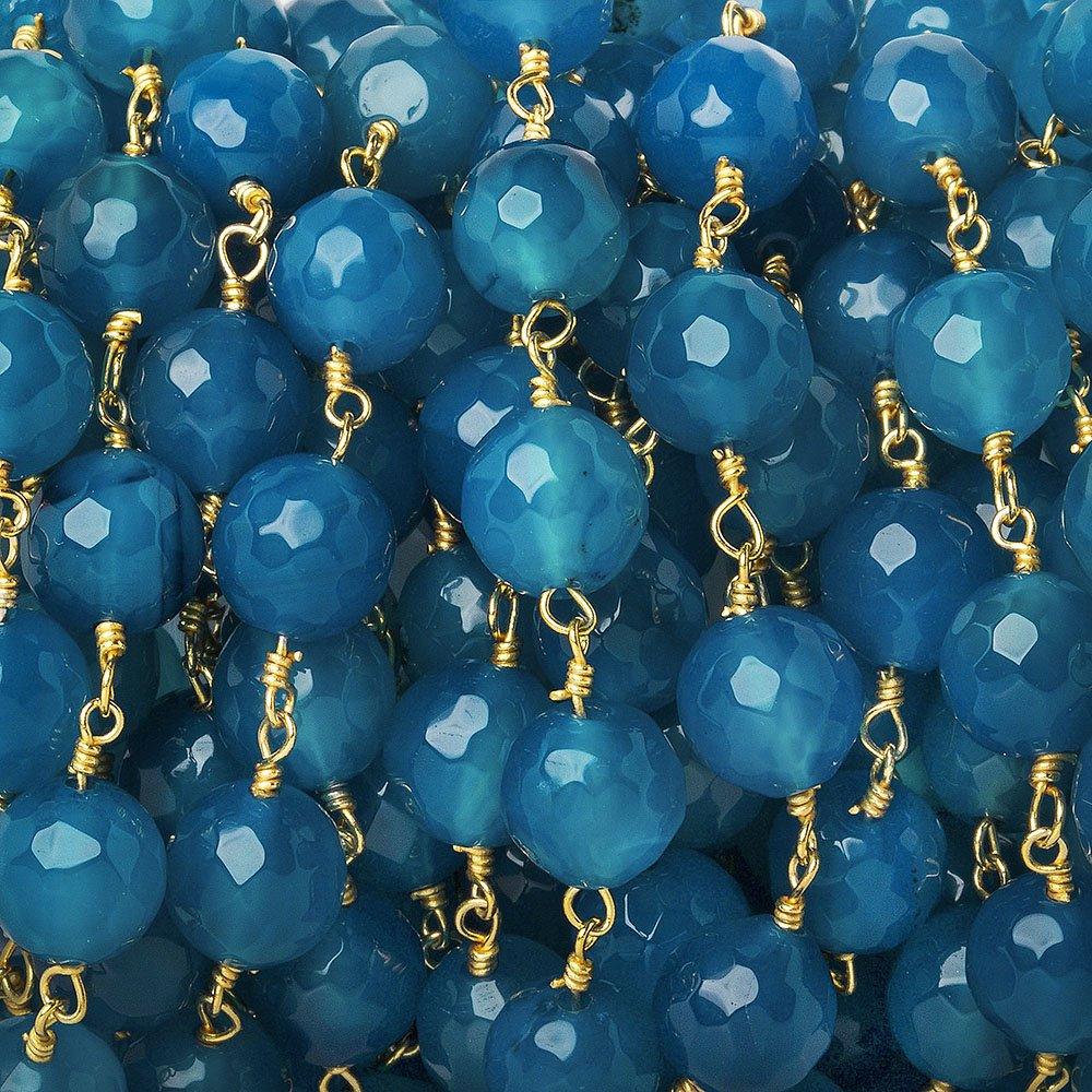 8mm Marine Blue Agate faceted round Gold Chain by the foot 21 beads - The Bead Traders