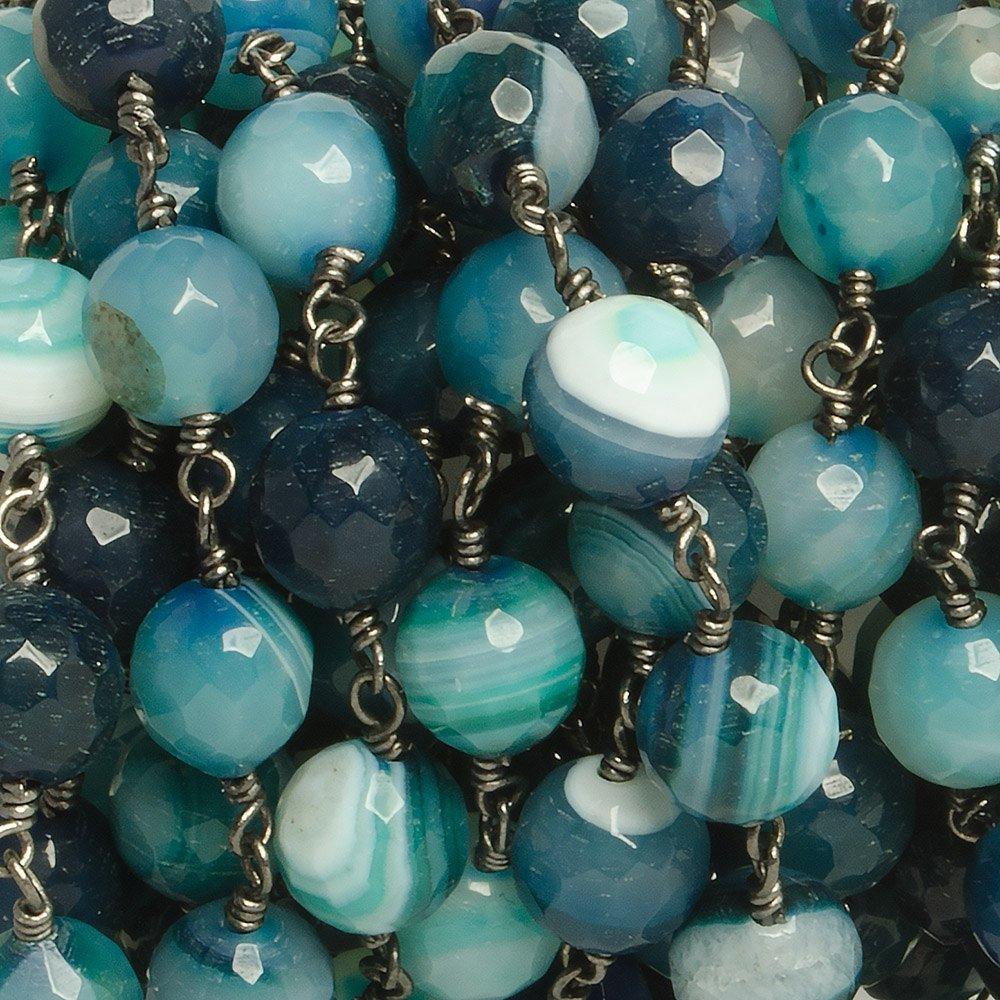 8mm Marine Blue banded Agate faceted round Black Gold Chain by the foot with 21 pieces - The Bead Traders