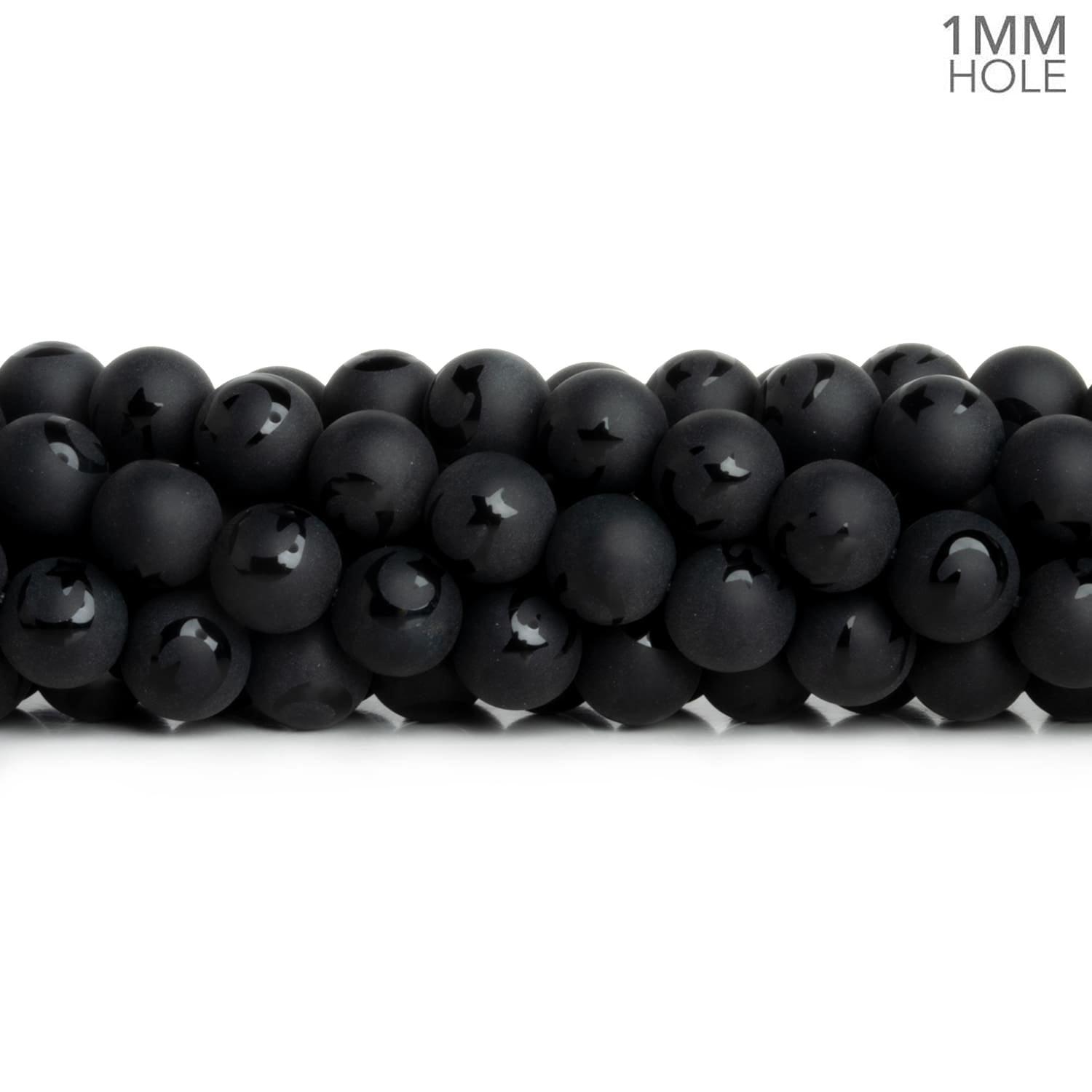 8mm Matte Black Onyx w/ Moon & Star Etching Rounds 15 inch 48 beads - The Bead Traders
