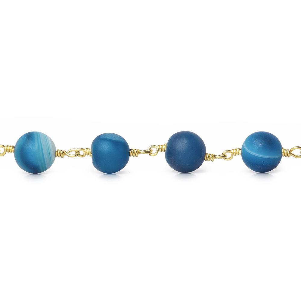 8mm Matte Blue Banded Agate plain round Gold Chain by the foot 21 beads - The Bead Traders