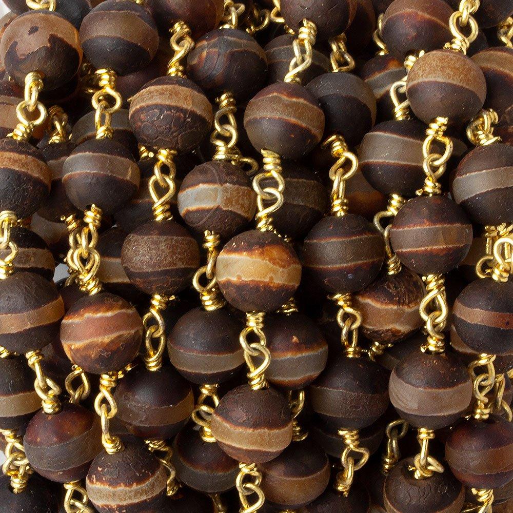 8mm Matte Brown Tibetan Agate round Gold Chain by the foot with 21 pcs - The Bead Traders