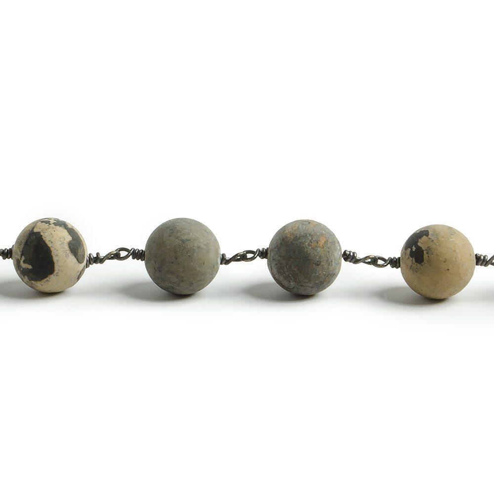 8mm Matte Chinese Painting Stone Jasper plain round Black Gold plated Chain by the foot with 22 pieces - The Bead Traders