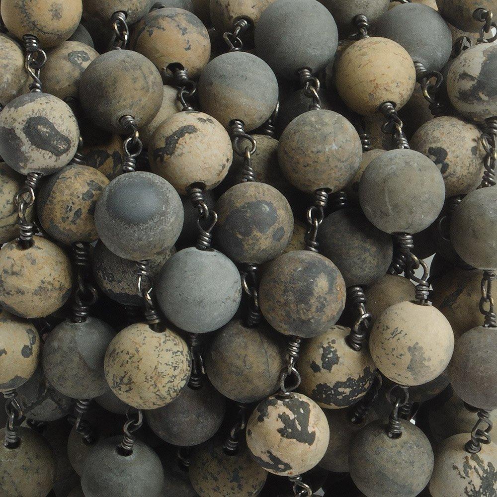 8mm Matte Chinese Painting Stone Jasper plain round Black Gold plated Chain by the foot with 22 pieces - The Bead Traders