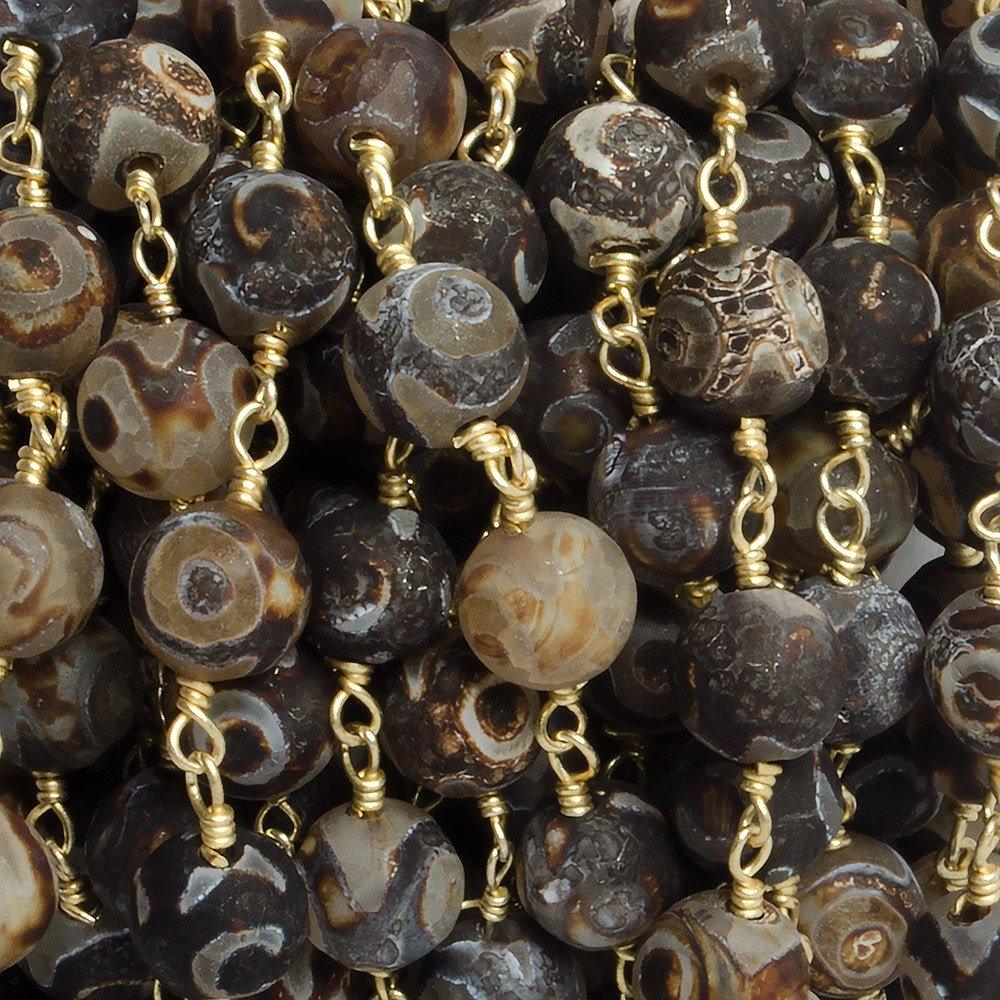 8mm Matte Dark Brown Tibetan Agate round Gold Chain by the foot with 21 pcs - The Bead Traders
