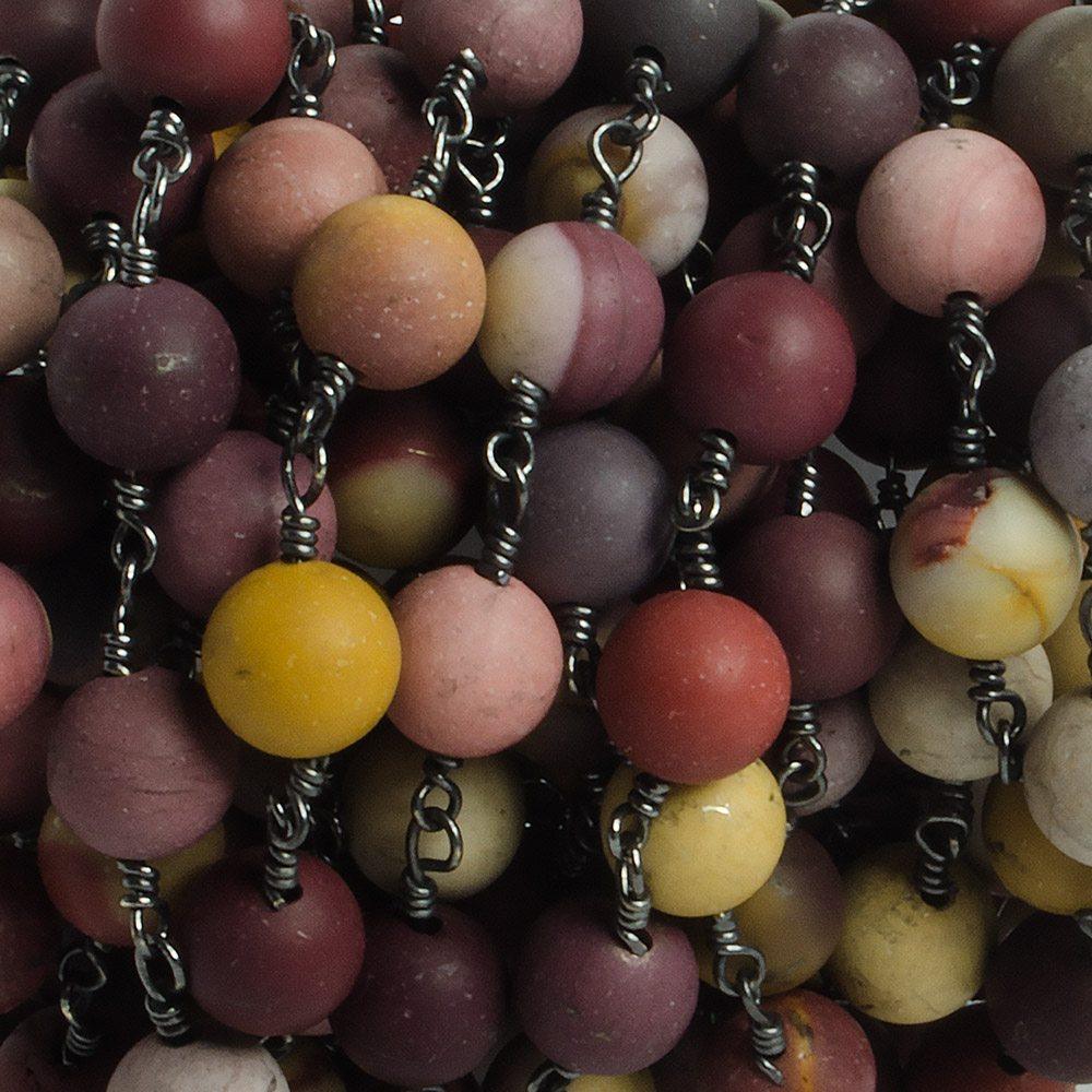 8mm Matte Moukaite Jasper plain round Black Gold plated Chain by the foot with 22 pieces - The Bead Traders