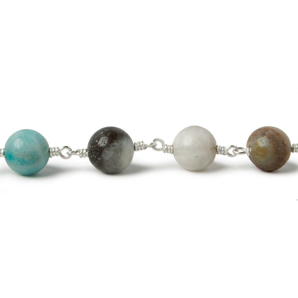 8mm Multi Color Amazonite plain round Silver plated Chain by the foot 20 pieces - The Bead Traders