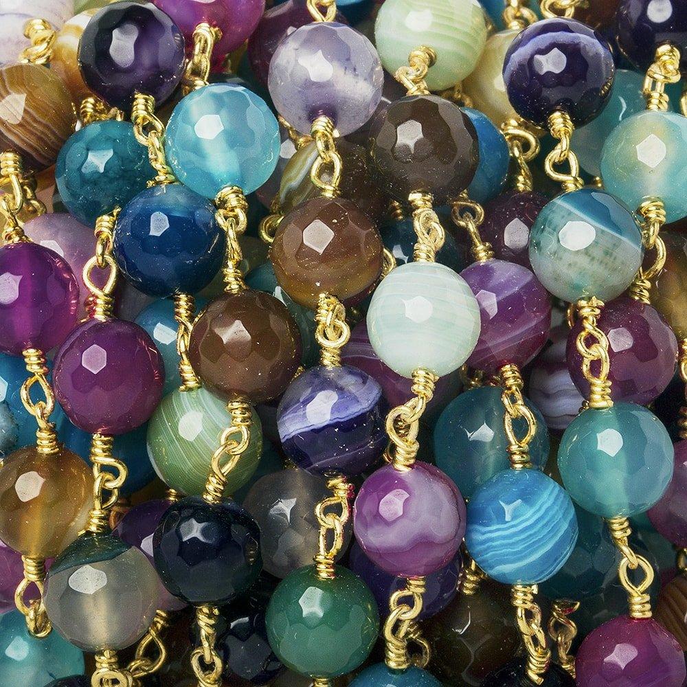 8mm Multi Color Festive Agate faceted round Gold Chain by the foot 21 beads - The Bead Traders