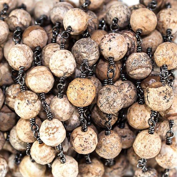 8mm Picture Jasper faceted round Black Gold plated Chain by the foot 21 beads - The Bead Traders