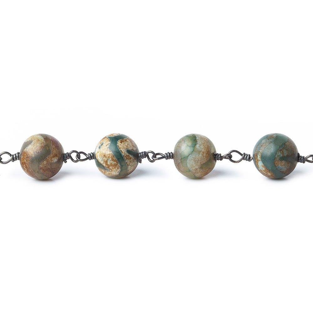8mm Tibetan Teal & Brown Zig Zag Agate plain round Black Gold plated Chain by the foot 22 pieces - The Bead Traders