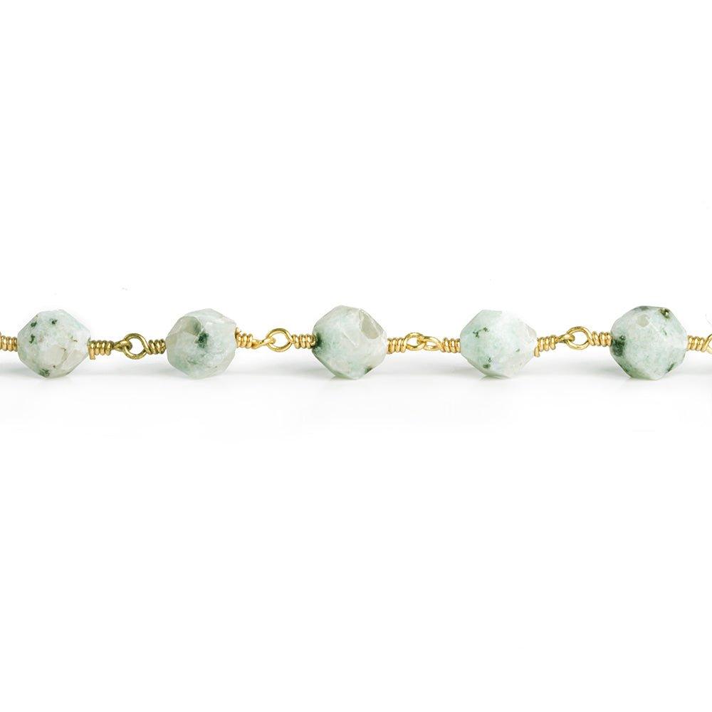 8x7mm Lotus Dalmatian Jasper Star Cut Faceted Round Gold Chain by the Foot 20 pieces - The Bead Traders