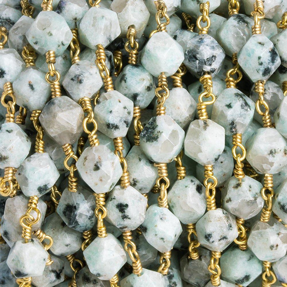 8x7mm Lotus Dalmatian Jasper Star Cut Faceted Round Gold Chain by the Foot 20 pieces - The Bead Traders